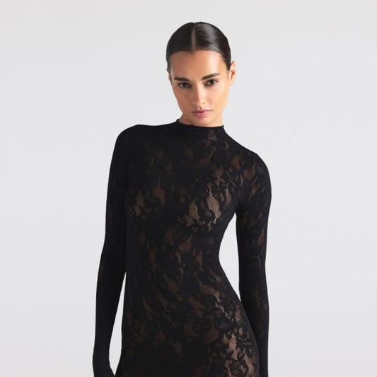KNIT LACE MOCK NECK DRESS | ONYX