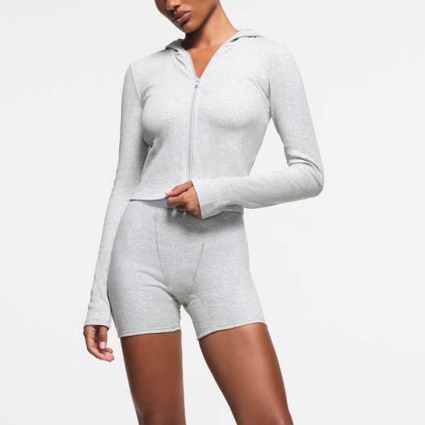 COTTON RIB ZIP UP HOODIE | LIGHT HEATHER GREY