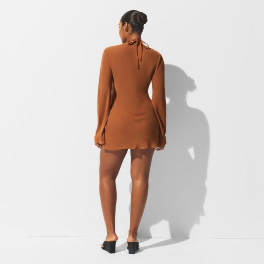 SHEER COVER-UPS LONG SLEEVE MINI DRESS | CHESTNUT