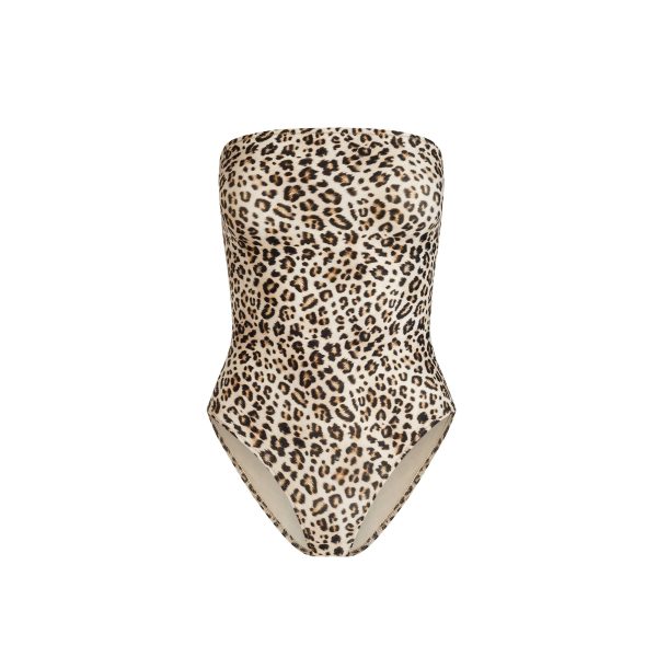 SIGNATURE SWIM STRAPLESS ONE PIECE | CHAMPAGNE LEOPARD PRINT