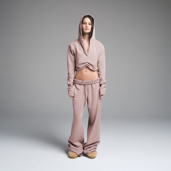 FRENCH TERRY SHOULDER PAD CROPPED HOODIE | FAWN