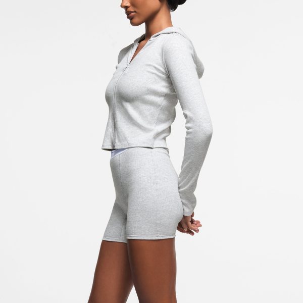 COTTON RIB ZIP UP HOODIE | LIGHT HEATHER GREY