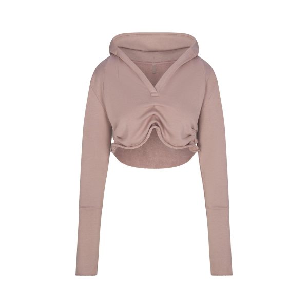 FRENCH TERRY SHOULDER PAD CROPPED HOODIE | FAWN