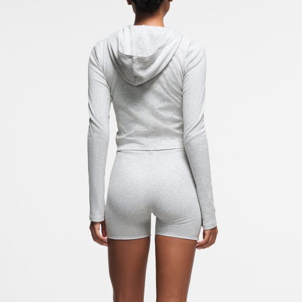 COTTON RIB ZIP UP HOODIE | LIGHT HEATHER GREY