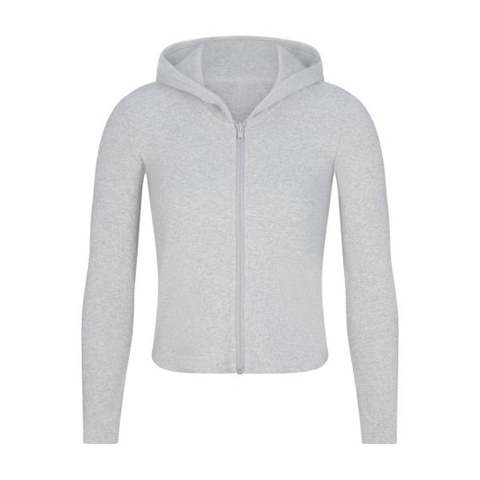COTTON RIB ZIP UP HOODIE | LIGHT HEATHER GREY
