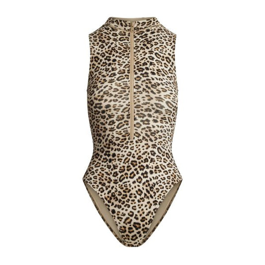 SIGNATURE SWIM ZIP FRONT ONE PIECE | CHAMPAGNE LEOPARD PRINT
