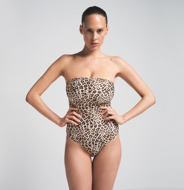 SIGNATURE SWIM STRAPLESS ONE PIECE | CHAMPAGNE LEOPARD PRINT